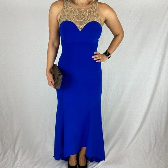 Marchesa Notte Blue Gold Lace Formal Gown $995 - Picture 2 of 11